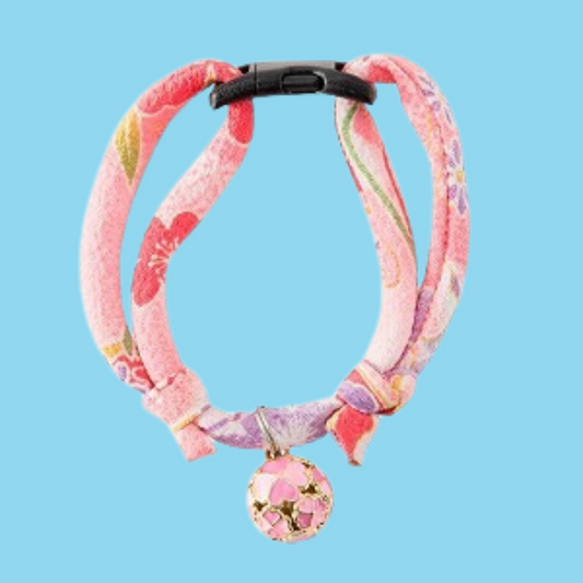 Chirimen Collar with Clover Bell Pastel Pink
